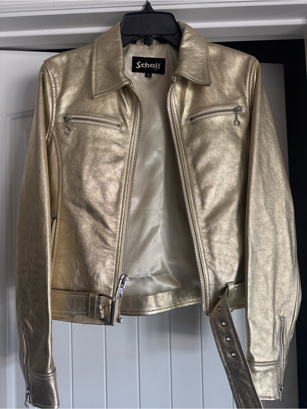 Schott NYC Metallic Gold Leather Biker Jacket